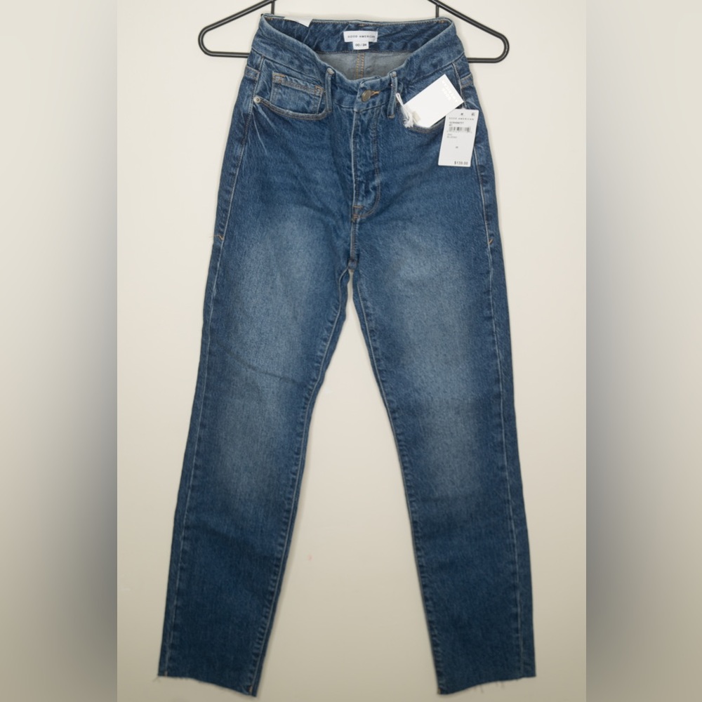 Good American Good Classic High Rise Raw Hem Jeans in Blue940 - Size 00 / 24 NWT